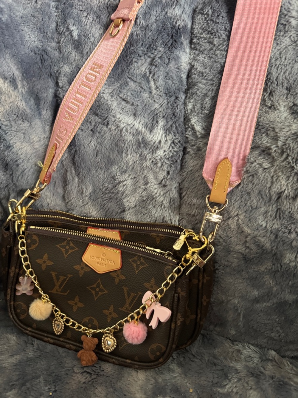 Louis Vuitton Brown Monogram Multi-Pochette with Pink Strap and Gold Hardware